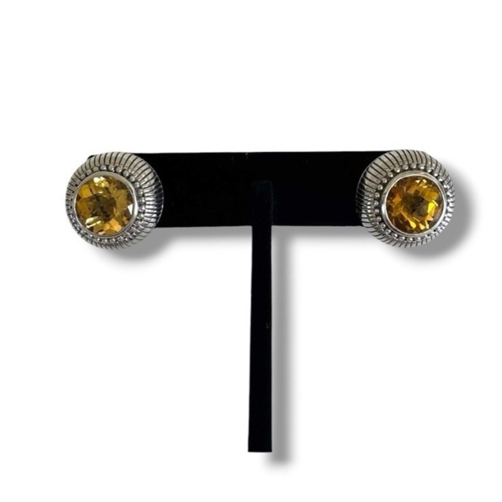 Judith Ripka .925 Sterling Silver Real Citrine Omega Back Earrings Round Rope
